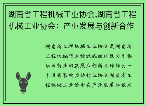 湖南省工程机械工业协会,湖南省工程机械工业协会：产业发展与创新合作